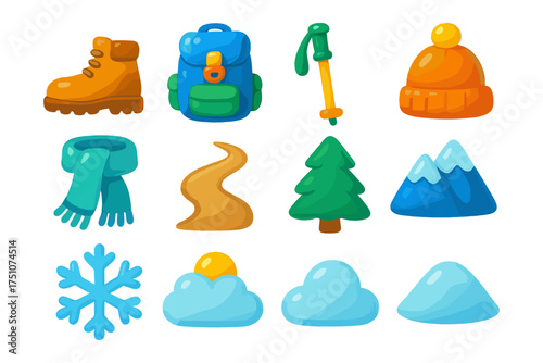 Colorful hiking and winter gear icons for outdoor adventure