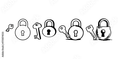 Collection of Padlocks and Keys in Black and White Outline Style for Security Concepts