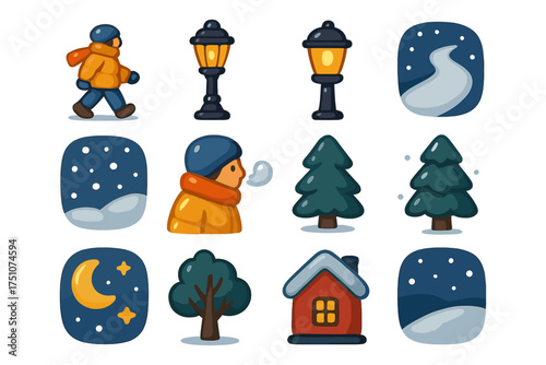 Cozy winter icons collection: walking, snow, trees, and warm house