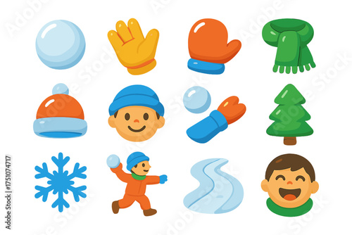 Winter fun graphics: playful icons of snow, mittens, and more