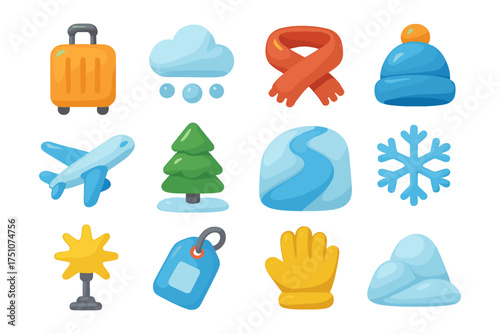 Colorful winter travel icons set with seasonal elements and symbols