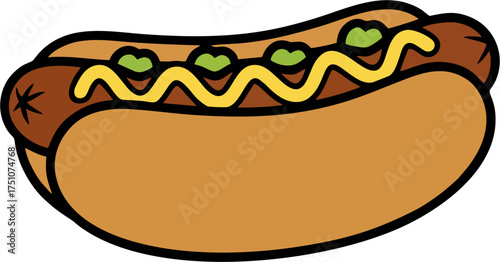 Simple Hot Dog Vector – Flat Color Cartoon Sausage in Bun with Mustard for Easy Tracing