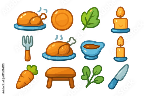 Cartoon thanksgiving dinner elements with roast turkey and vegetables