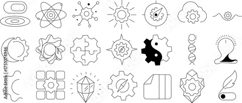 Science and Innovation Outline Icon Collection. Containing Atom, Gear, DNA, Idea, and Technology Icons.