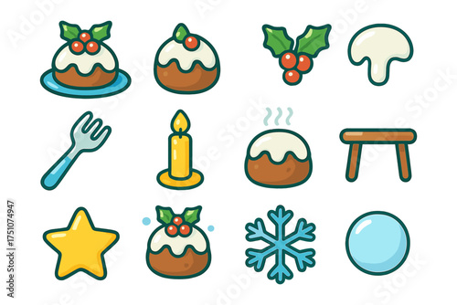 Festive holiday icons: christmas desserts, decorations, and winter elements in flat style