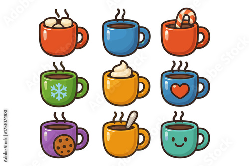 Cute cartoon cups with hot drinks and seasonal decorations