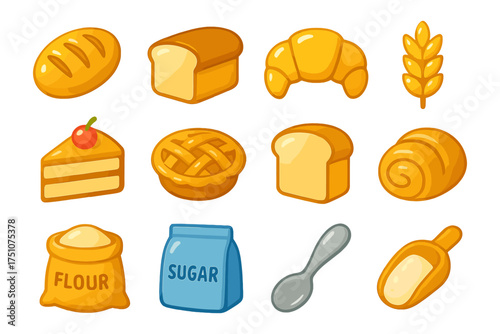 Colorful bakery icons set featuring bread, pastries, and baking ingredients