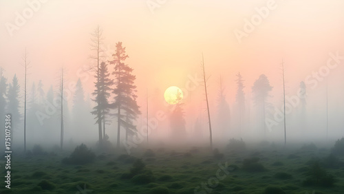 Sunrise in a Misty Forest with Silhouetted Trees and Soft Atmospheric Light over Green Moss Landscape