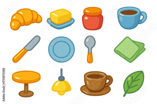 Colorful breakfast icons set featuring croissant, butter, coffee, and kitchen utensils