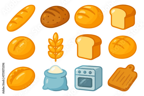 Assorted bread icons with baking essentials in a flat style