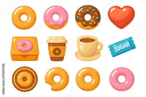 Colorful donuts and coffee set
