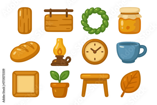 Charming rustic icons featuring decor, food, and nature elements in flat style