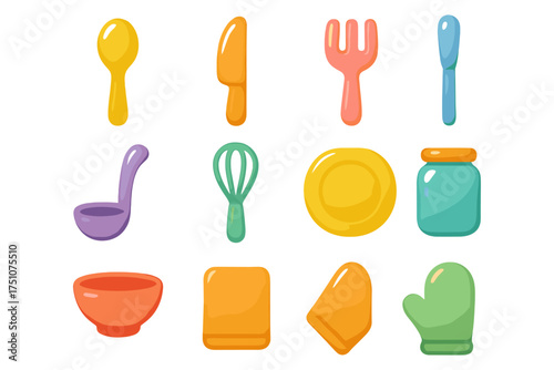 Colorful kitchen utensils set in modern flat style for home cooking and dining