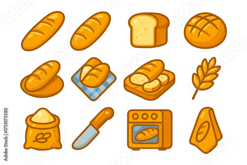 Flat bakery icons: bread, baguette, toast, and more