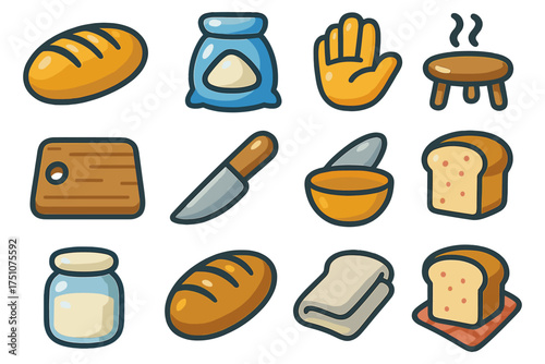Cartoon bakery icons set with bread, knife, and baking tools