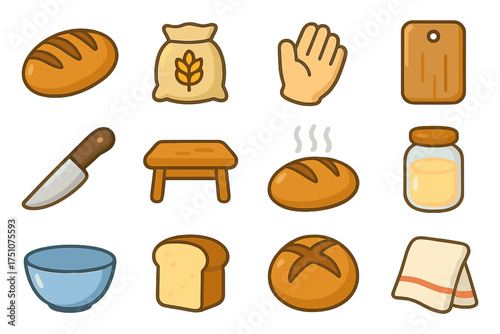 Colorful bakery icon set with bread, ingredients, and kitchen tools