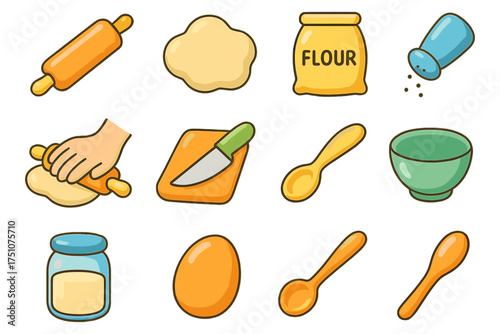Colorful cartoon baking tools and ingredients set for kitchen enthusiasts