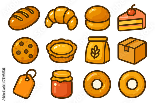 Cartoon bakery icons: bread, pastries, desserts, and food packaging