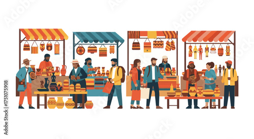 Lively Outdoor Market Scene with Shoppers and Vendors at Stalls.