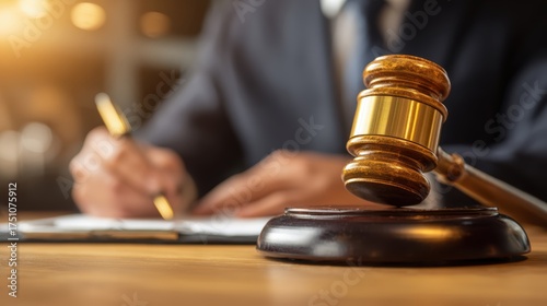 Close-up of a legal gavel and judge's hand writing notes in a courtroom or legal office setting with warm lighting and professional atmosphere