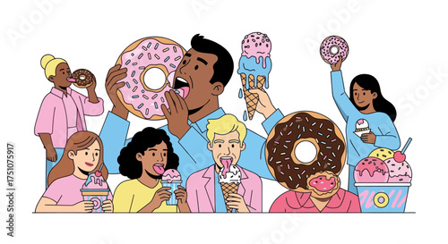 Diverse Group of People Enjoying Donuts and Ice Cream.