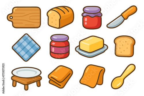 Cute cartoon kitchen essentials set: bread, jam, knife, butter, and more