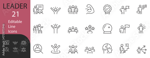 Leadership and Motivation line icon set. Contains symbols for teamwork, business success, vision, and management. Line vector design for corporate presentations and strategy.