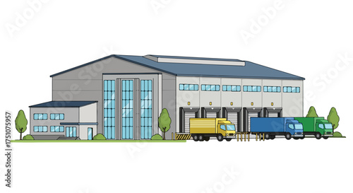 Depiction of a bustling distribution center with delivery trucks at the loading docks and expansive warehouse facility