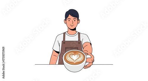 Friendly Barista Offers Delicious Latte Art Coffee Cup.