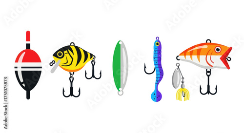 Assortment of Colorful Fishing Lures and Bobber for Angling.