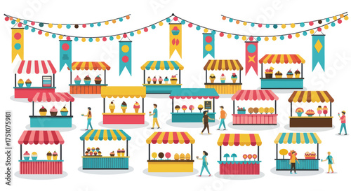 Colorful Outdoor Market Stalls with Festive Banners and People Shopping.