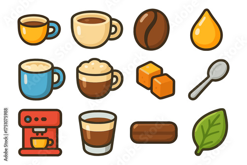 Coffee lover's delight: charming icon set of cups, beans, and accessories