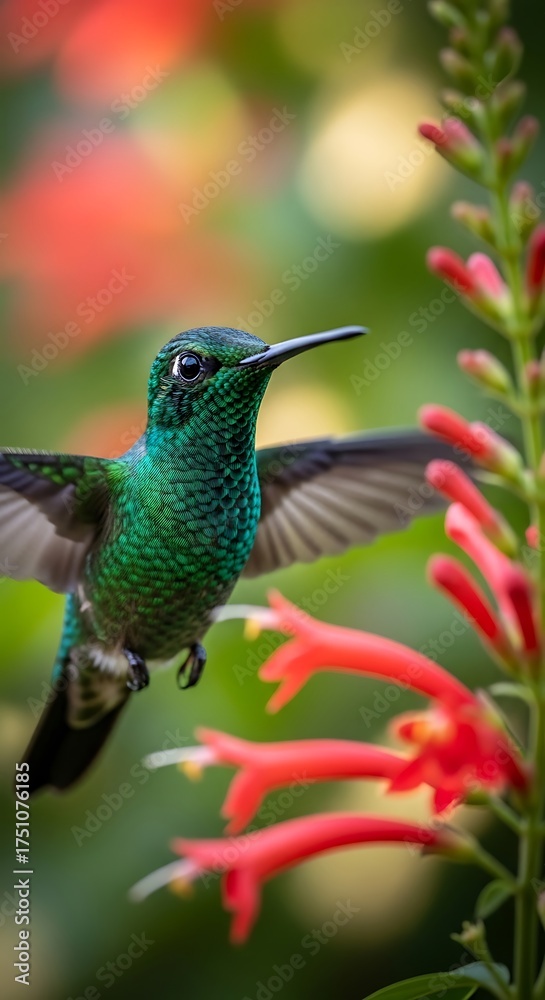 Obraz premium Emerald Hummingbird in Flight Near Red Flowers.