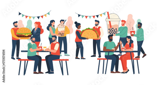 Diverse Group Enjoying Street Food Festival with Burgers Tacos and Bubble Tea.