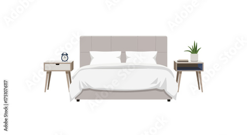 Modern Bedroom Interior with Bed Nightstands and Plants.