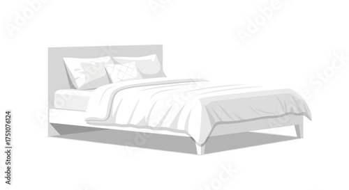 A simple white bed with pillows and a duvet rendered in a minimalist style.