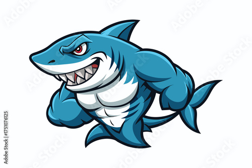 Cartoon muscular shark flexing bicep with angry expression