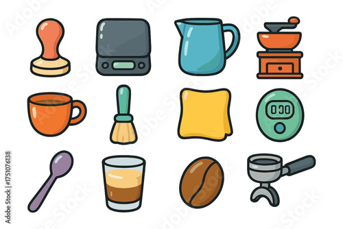 Colorful coffee equipment icons for barista essentials and cafe decor