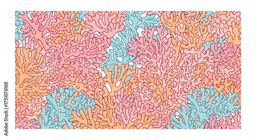 Vibrant coral reef arrangement showcases an intricate and colorful underwater ecosystem, marine flora biodiversity, colorful illustration and unique