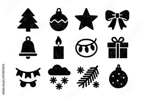 Festive grunge icon set featuring christmas symbols in black
