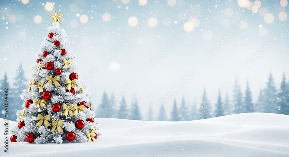 Obraz premium Christmas tree in a snowy winter landscape with falling snow and copy space.