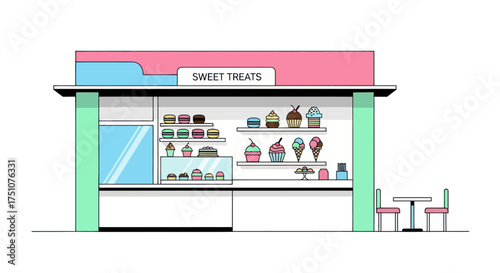 Flat line art illustration of a colorful pastel sweet treats shop kiosk with desserts on display.