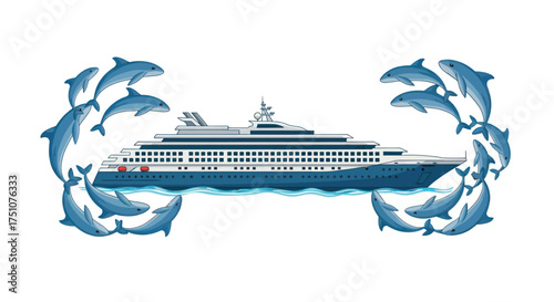 Majestic Cruise Ship Navigating Through a Swirl of Playful Dolphins.