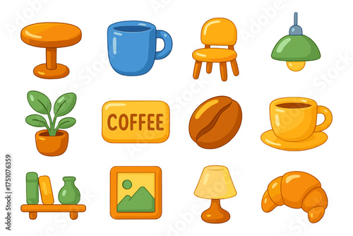 Colorful flat icons of coffee, furniture, and decor elements