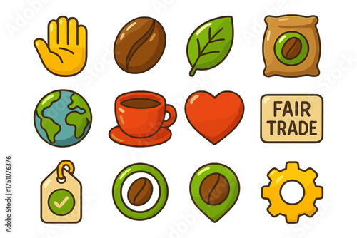 Colorful fair trade icons set featuring coffee, nature, and eco-friendly symbols