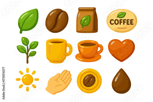 Colorful coffee icons set with cups, beans, and nature elements