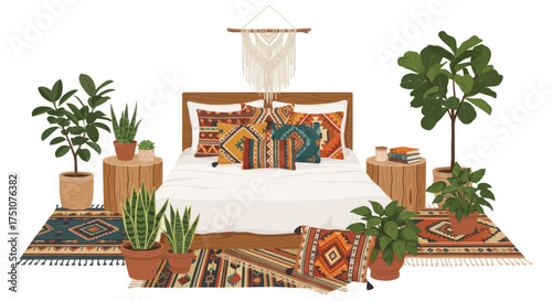 Cozy Bohemian Bedroom Ensemble with Plants and Textiles.