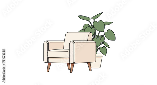 Minimalist line art illustration of a modern beige armchair next to a green potted houseplant.