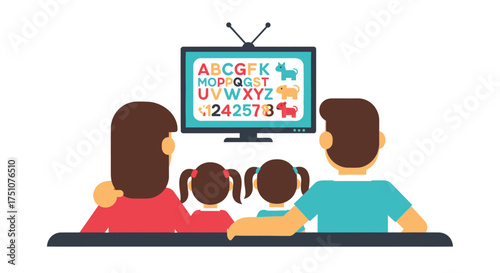 Cartoon family of four sitting together on a sofa watching an educational kids program on TV.