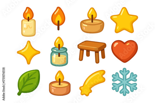 Cartoon icons collection: candles, stars, heart, leaf, snowflake